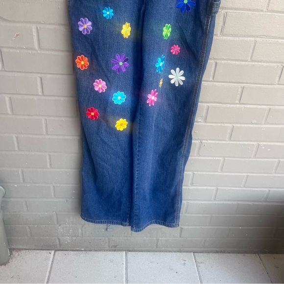 80s 90s Classic Old Navy Blue Jean Overalls Floral Patches XS - Picture 6 of 15